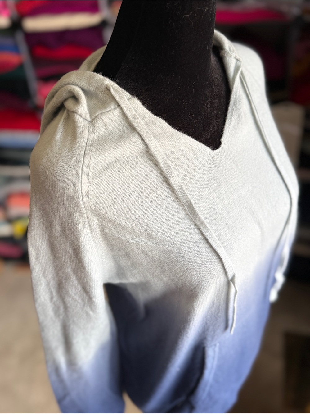 Light Gray to Blue Ombre V-Neck Hoodie Cashmere Sweater, S